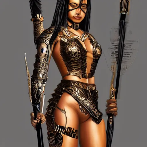 Prompt: a beautiful warrior woman with tan skin and dark hair wearing black catsuit covered by modern plates of body armour, she is holding a long staff, intricate, elegant, highly detailed, detailed face, smooth, sharp focus, high contrast, graphic novel, art by michael choi,