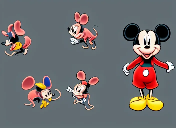 Image similar to mickie mouse in 2 d, side, front view, isometric, in the style of disney