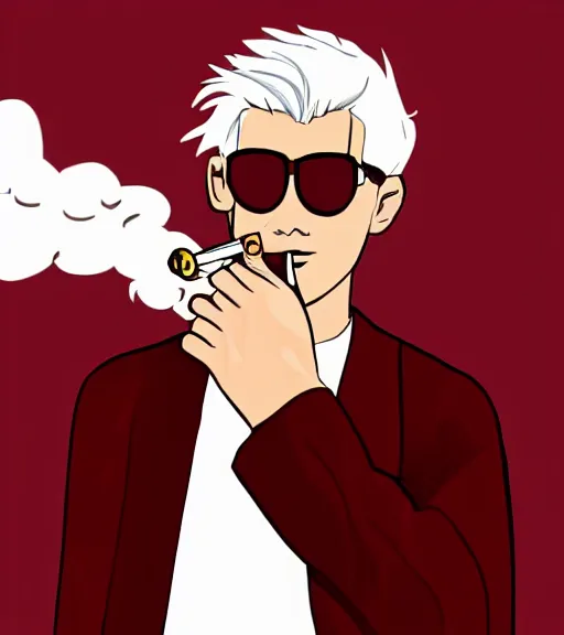 Image similar to young man in red jacket and white shirt, white hair, round goggles, smoking cigarette, character portrait, sharp focus, illustration, high detailed, sad