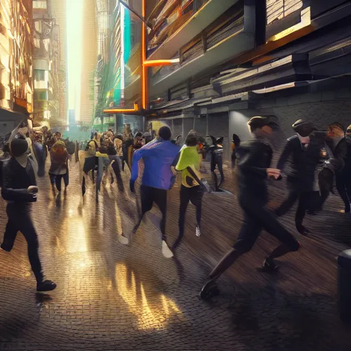 Image similar to landscape view of people running from a giant bitcoin in the city, cyberpunk art, photorealism, light behind