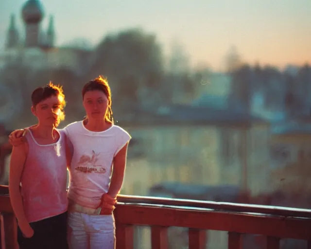 Image similar to lomo photo of pair standing on small hrushevka balcony full with cigarette smoke in small russian town looking at sunset, cinestill, bokeh