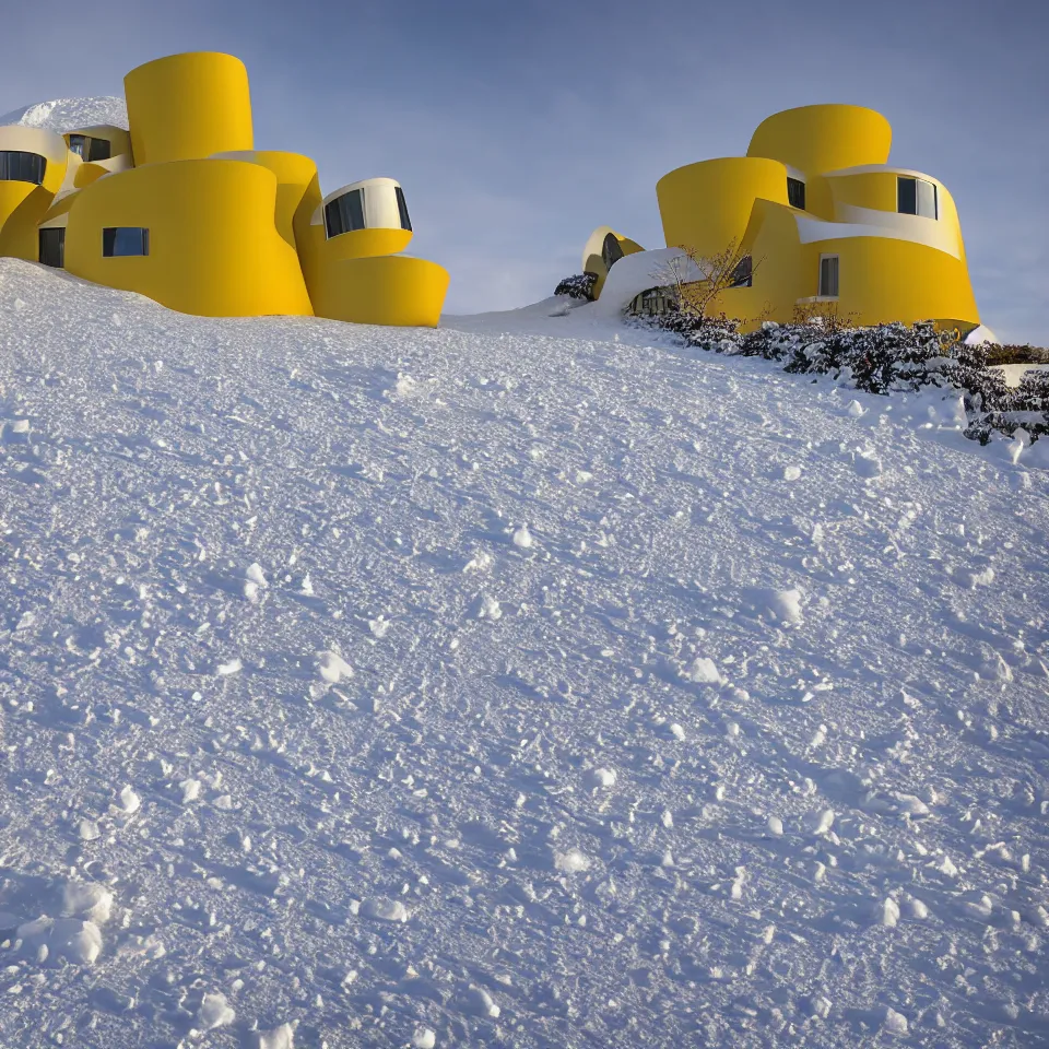 Image similar to a road leading to a mid-century modern house on top of a cliff in the arctic, covered with snow, designed by Frank Gehry, with a long pathway toward it. Big tiles. Film grain, cinematic, yellow hue