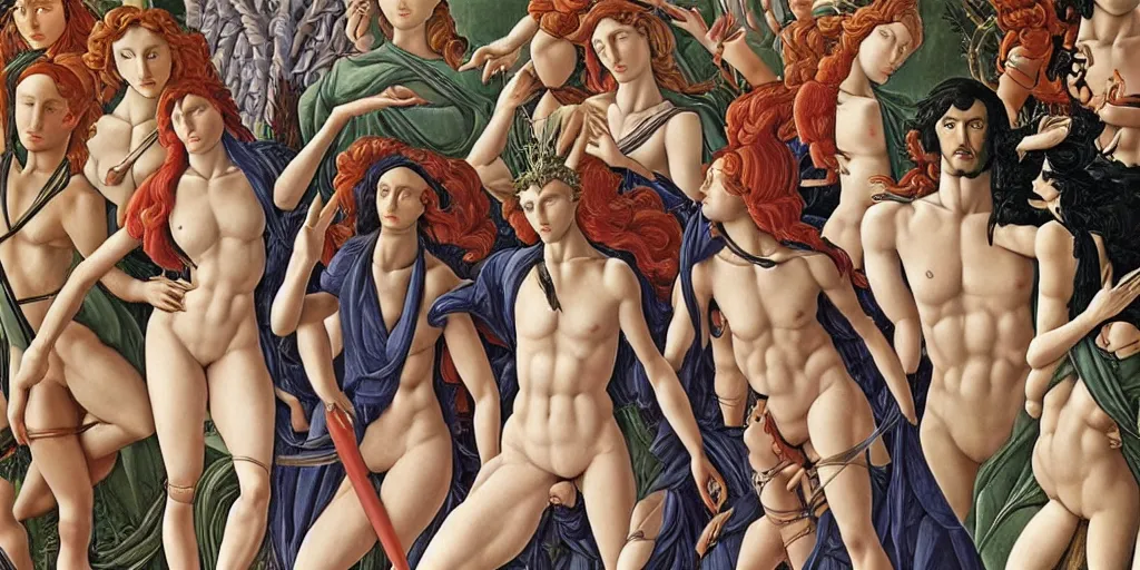 Image similar to the 12 months of the year, represented by 12 figures, of different ages and genders, in a style blend of Botticelli and Æon Flux, stunningly detailed artwork