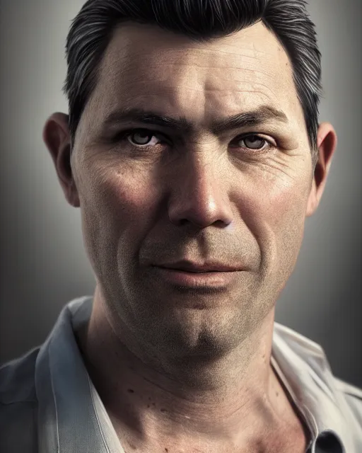Image similar to portrait of 4 0 - year - old man, with a pale face with premature lines, and light brown hair going grey, wearing in shirt, hyper realistic face, beautiful eyes, character art, art by mark brooks, hyperdetailed, cryengine, trending on artstation, digital art