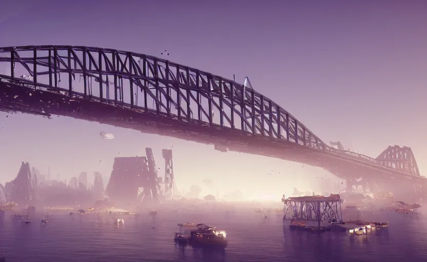 Prompt: a big harbour bridge collapses after explosions in the form of white cotton plants, 3 d octane render, epic lighting, 8 k, by goro fujita