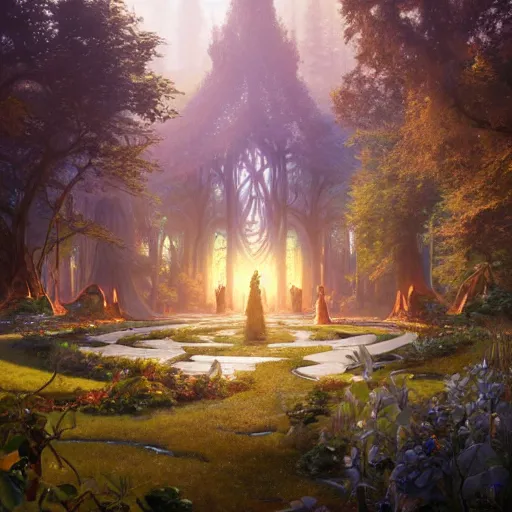 Image similar to incredible game level design, isometric view, lothlorien, trees, lights, fantasy, 8k, art by artgerm and greg rutkowski and alphonse mucha