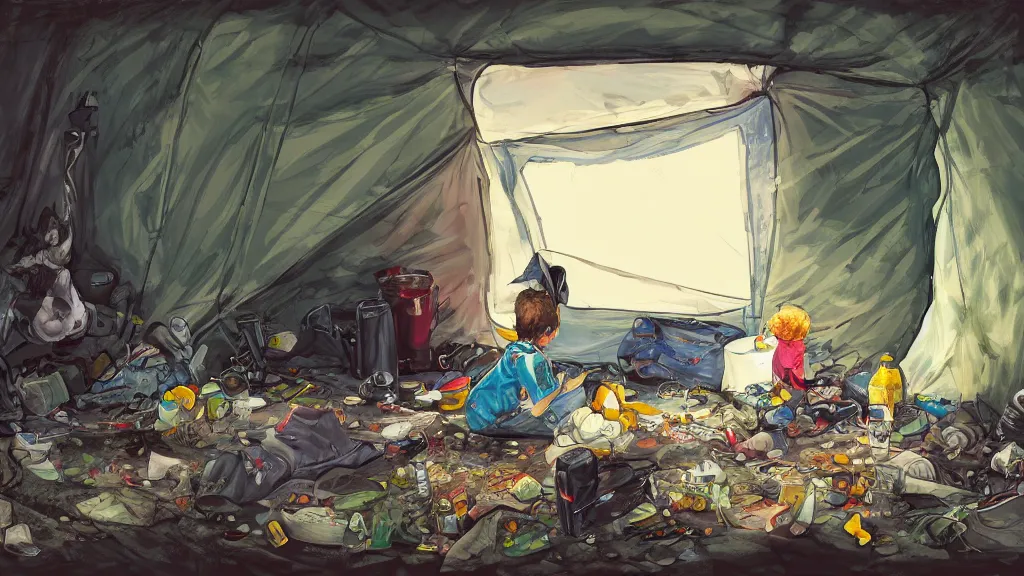 Image similar to an illustration of the inside of a messy camping tent, with a kid sitting in the corner, waste everywhere, high contrast, highly detailed, sharp focus, digital painting, illustration, trending on artstation,