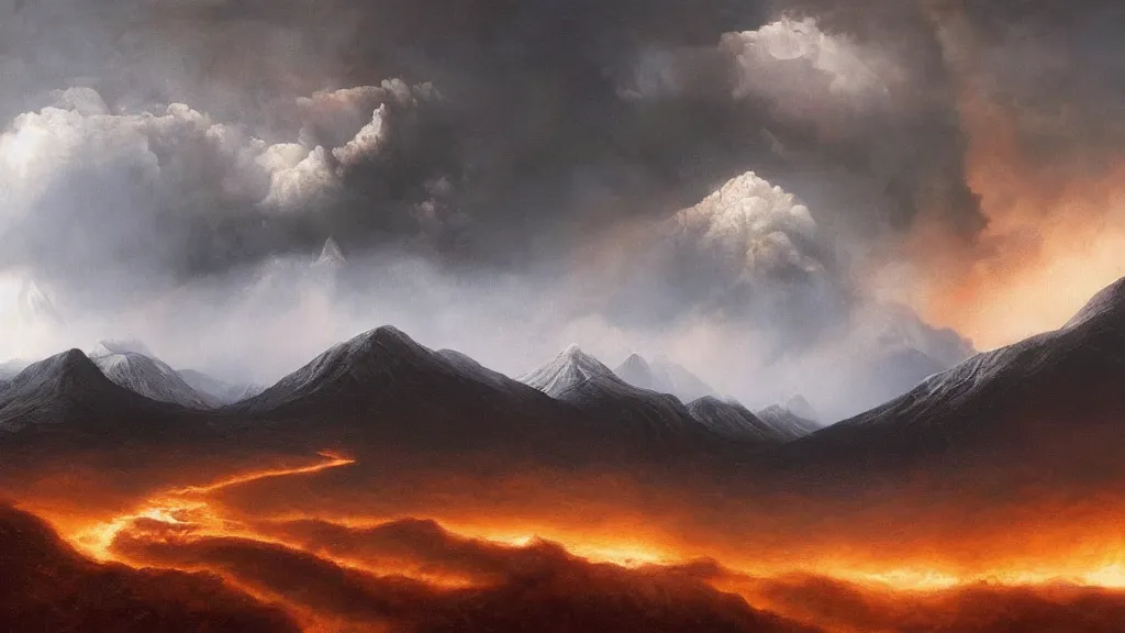 Prompt: a cinematic landscape photograph of a mountains peak in the clouds, a fiery dragon flys in the sky, thunder and lightning, lee madgwick