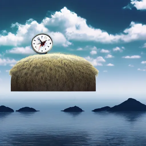 Image similar to a clock floating on an floating island, there are clouds around, it is on earth, on the background there are other floating islands too, floating at the ozone layer, cartoony, 4 k resolution, award winning