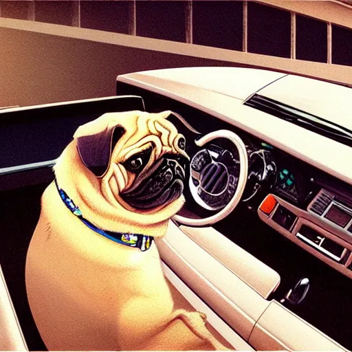 Prompt: pug dog driving a Nissan 300zx, Hayao Miyazaki, intricate detail, illustration, beautiful lighting,