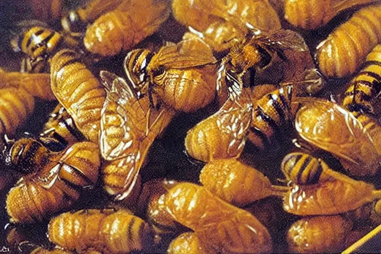 Image similar to mcdonald's fried bees with dry leaf stew, in 1 9 9 5, y 2 k cybercore, advertisement photo. artwork by craig mullins