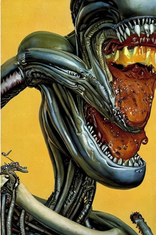 Image similar to alien xenomorph eating a cheeseburger, painted by norman rockwell