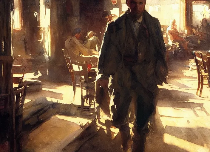 Image similar to oil watercolor painting of young rugged guy in western bar, shaven stubble, short hair, mysterious light, art by anders zorn, wonderful masterpiece by greg rutkowski, beautiful cinematic light, american romanticism by greg manchess, creation by tyler edlin