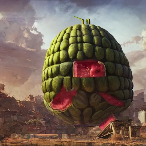 Image similar to Concept Digital Art Highly detailed giant Watermelon warlord protecting Ukrainian city from Orks by Taras Shevchenko and Stephen Hickman and Beeple. Very highly detailed 8K,Pentax 67, Kodak Portra 400 in style of Hiromasa Ogura Ghost in the Shell, the golden ratio, rational painting