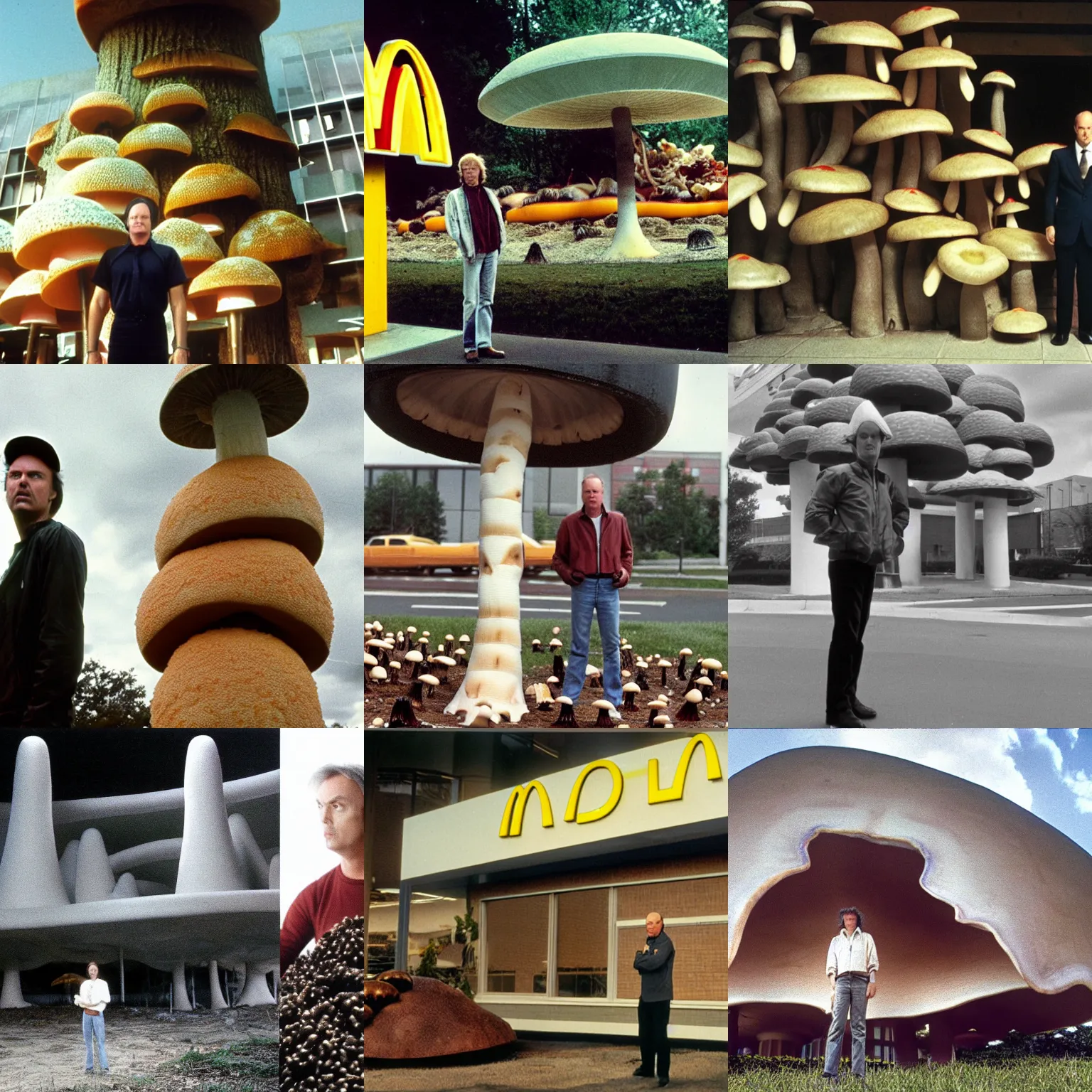 Prompt: Michael Keaton standing in front of big large building, Mcdonalds Restraunt gigantic fungus mushroom, surrounded by mushrooms, one point perspective, cinematic, low angle ,wide angle 1981