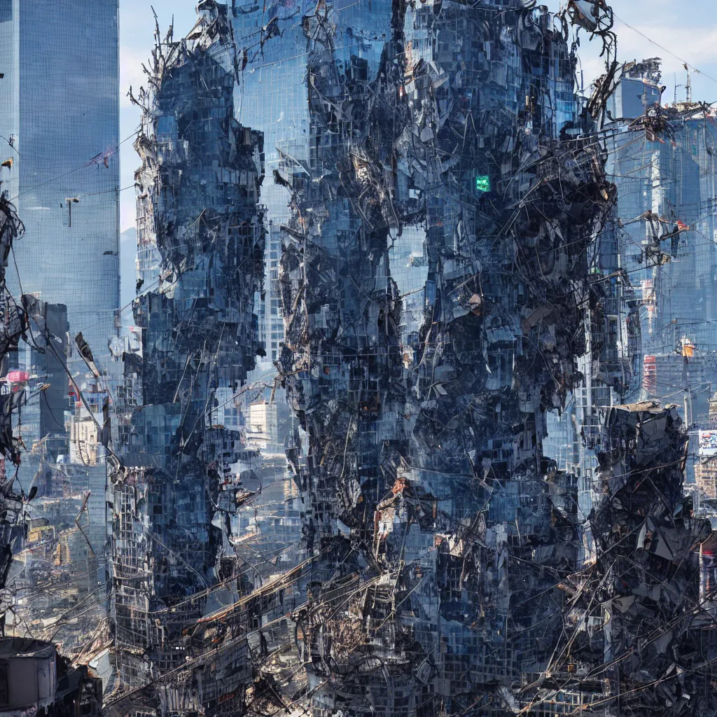 Image similar to torre entel chile being destroyed by protesters, cyberpunk, high detail