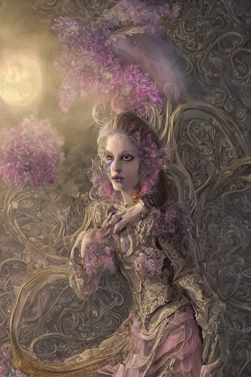 Prompt: elaborately hyperdetailed illustration of an extremely beautiful regal witch in a library with her cat, eerie mist and ethereal pink flowers, Art Noveau, Aetherpunk, atmospheric lighting, high fantasy digital art painting, smooth, sharp focus, highly detailed illustration highlights, backlight, golden ratio, 8K detail post-processing, symmetrical facial features, rich deep moody colors, award winning picture, Daily Deviation on DeviantArt, trending on cgsociety and Artgerm, featured on ArtstationHQ