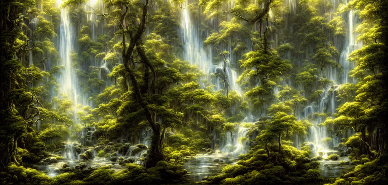 Image similar to a painting of a waterfall in a forest, a detailed matte painting by todd lockwood, deviantart, fantasy art, matte painting, matte drawing, airbrush art