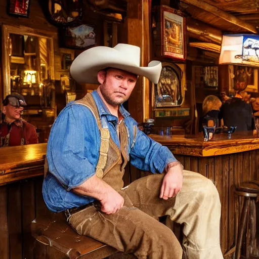 Prompt: a very short gunslinger sitting on a bar stool in a western saloon near other patrons, photograph