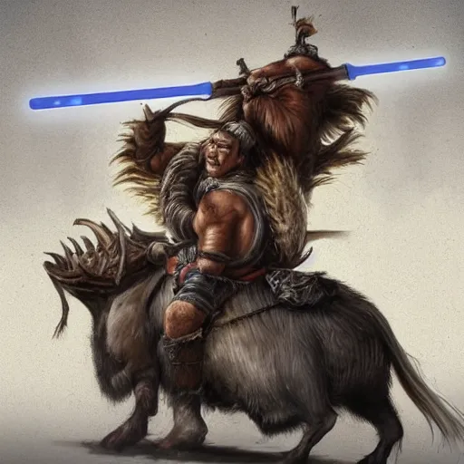 Image similar to mongolian dnd barbarian riding a boar with a lightsaber