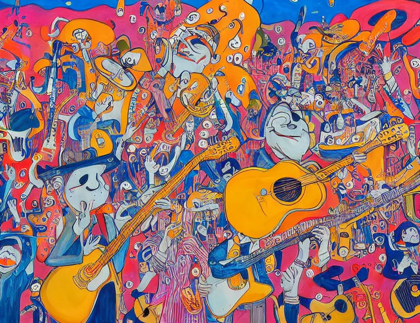 Prompt: a detailed painting of a concert by bananas with guitars while the gold fishes are stoned and smiling in the sky in the style of artist James Jean