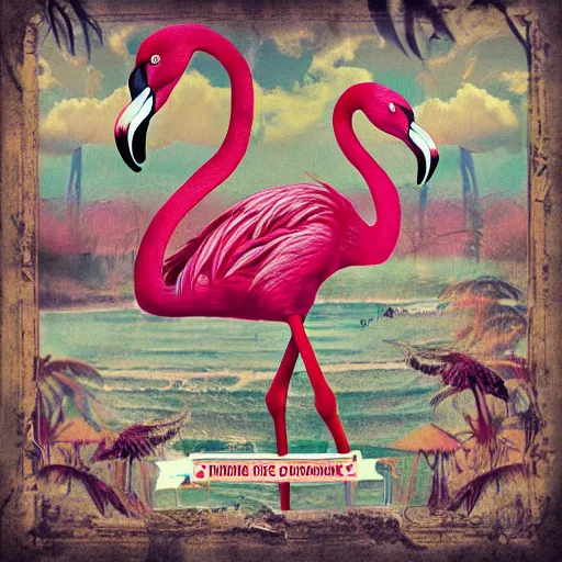 Prompt: the flamingo cafe, plunderphonic collage album cover, trending on artstation