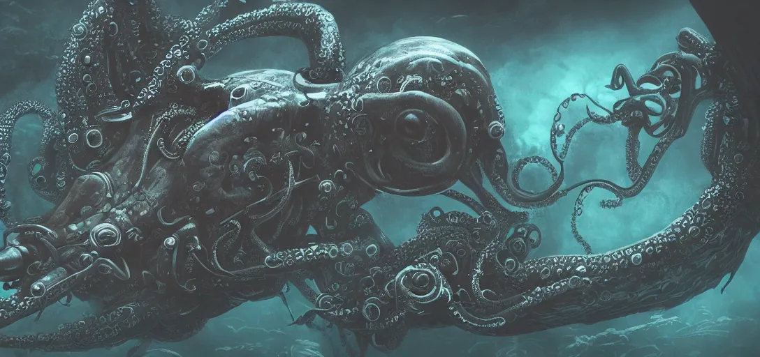 Image similar to muant, biopunk, octopus, squid, marine, hp lovecraft style, scuba diving, dark atmosphere, anglerfish, u - boat mechanism, deep ocean crature, great old ones, detailed, 4 k, artstation