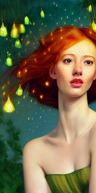 Prompt: an amazed young woman surrounded by golden firefly lights in a mesmerizing scene, sitting amidst nature fully covered, long loose red hair, precise linework, accurate green eyes, small nose with freckles, smooth oval shape face, empathic, bright smile, expressive emotions, hyper realistic portrait by artemisia gentileschi, jessica rossier, boris vallejo