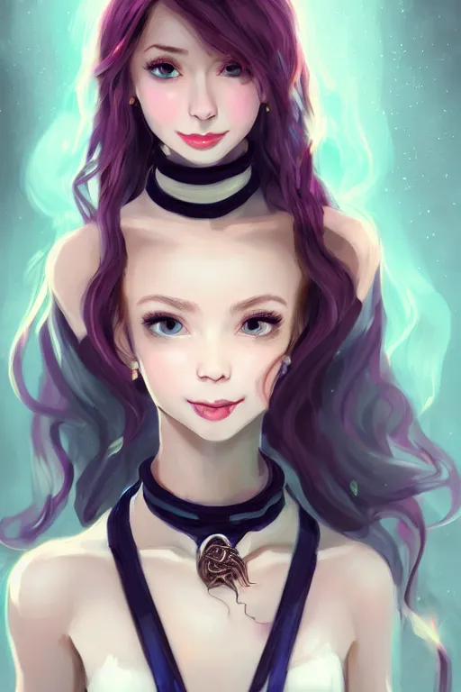 Image similar to portrait of a gorgeous young female artificer holding a strange device, looking at camera, D&D, choker on neck, stylish dress, mouth slightly open, cute slightly nerdy smile, very long flowing hair, intricate, elegant, stylish, fantasy, extremely detailed, digital painting, artstation, concept art, smooth, sharp focus, illustration, stunning lighting, art by artgerm and greg rutkowski and alphonse mucha and simon stalenhag