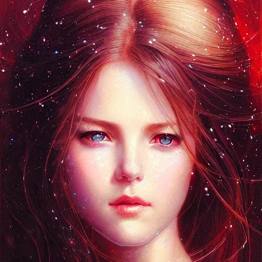 Prompt: Facial portrait of a cute shy woman, looking away from the camera, seductive smile, sparkle in eyes, lips slightly parted, long flowing hair, no hands visible, intricate, delicate, mysterious, extremely detailed painting by Mark Brooks and by Greg Rutkowski and by Moebius, vibrant colors, stunning lighting