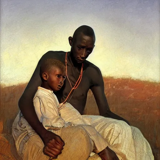 Image similar to a painting of a elegant well fed elder with few eyebrows and his son from Kenya by Henry Ossawa Tanner . thinker without facial hair, thoughtful, focused, visionary, calm, jovial, loving, fatherly, generous, . dramatic angle, ethereal lights, details, smooth, sharp focus, illustration, realistic, cinematic, artstation, award winning, rgb , unreal engine, octane render, cinematic light, macro, depth of field, blur, red light and clouds from the back, highly detailed epic cinematic concept art CG render made in Maya, Blender and Photoshop, octane render, excellent composition, dynamic dramatic cinematic lighting, aesthetic, very inspirational, arthouse.