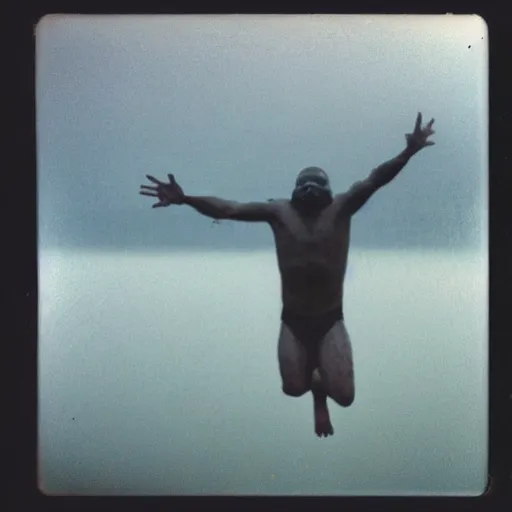 Prompt: semi translucent frog hovering over misty lake in Jesus Christ pose, polaroid photography by Andrei Tarkovsky, paranormal, spiritual, mystical