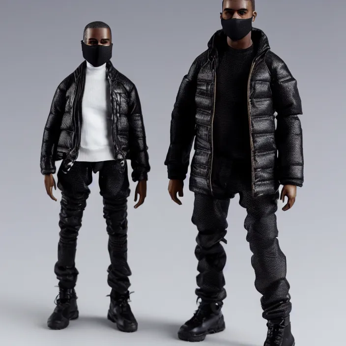 Prompt: a action figure of kanye west using full face - covering black mask with small holes. a small, tight, undersized reflective bright black round puffer jacket made of nylon. a shirt underneath. black jeans pants. a pair of big black rubber boots, figurine, detailed product photo, 4 k, realistic, acton figure, studio lighting, professional photo