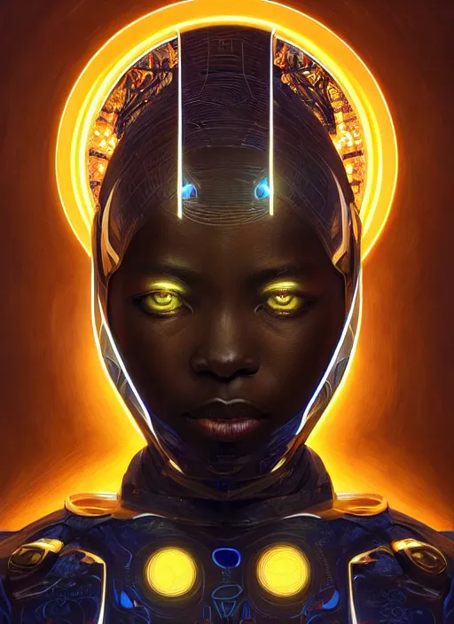 Image similar to Symmetry!! portrait of an african warrior, sci-fi armour, tech wear, glowing lights!! sci-fi, intricate, elegant, highly detailed, digital painting, artstation, concept art, smooth, sharp focus, illustration, art by artgerm and greg rutkowski and alphonse mucha