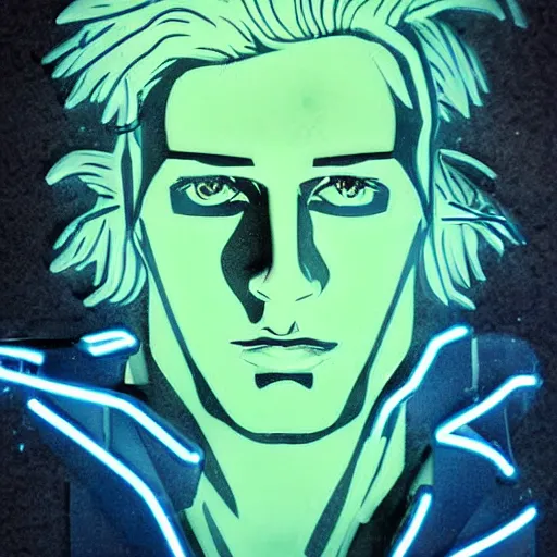 Prompt: man portrait made out of ice, beautiful, cyborg, comic book art, blond hair, neon