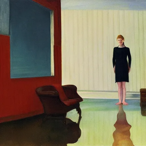 Image similar to painting of Elle Fanning in a flooded house, by Edward Hopper