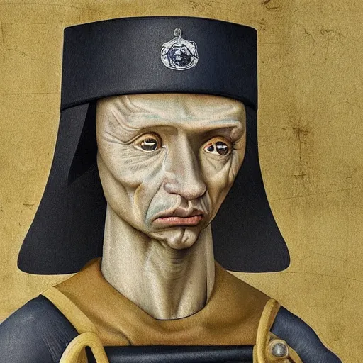 Image similar to hyperrealistic, ultra detailed, realistic render of a police officer in the style of hieronymos bosch