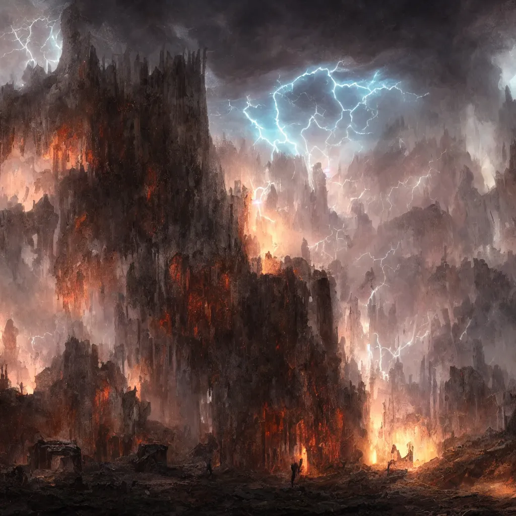 Image similar to a still of a cloaked figure standing in the ruins of crux prime, monastery, there is lightning, blue fiery maelstrom in the distance, it is raining, digital art, artstationhq