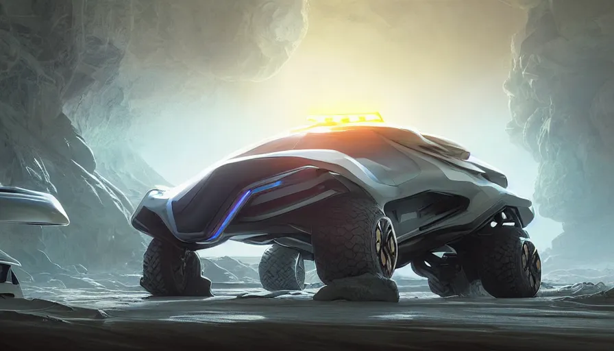 Image similar to a futuristic offroad suv by artgerm and greg rutkowski and alphonse mucha, zaha hadid, volumetric light, detailed, octane render, midsommar