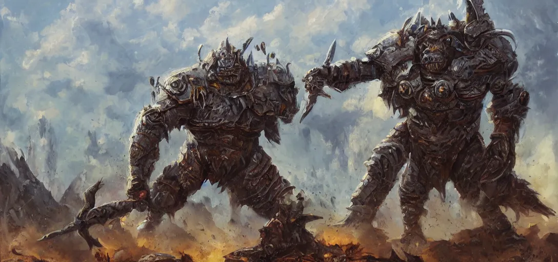 Image similar to oil painting of lone giant orc in futuristic armor roars as it steps over it's fallen enemy's bodies, boris vallego