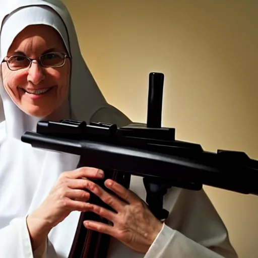 Prompt: a nun in church holding an ak 4 7