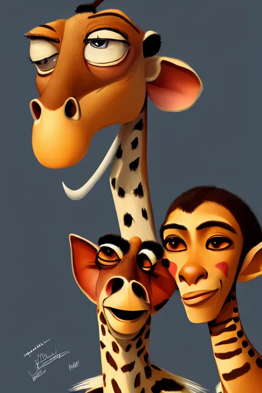 Image similar to a portrait of humanization of gloria and melman from madagascar, grim - lighting, high - contrast, intricate, elegant, highly detailed, digital painting, artstation, concept art, smooth, sharp focus, illustration