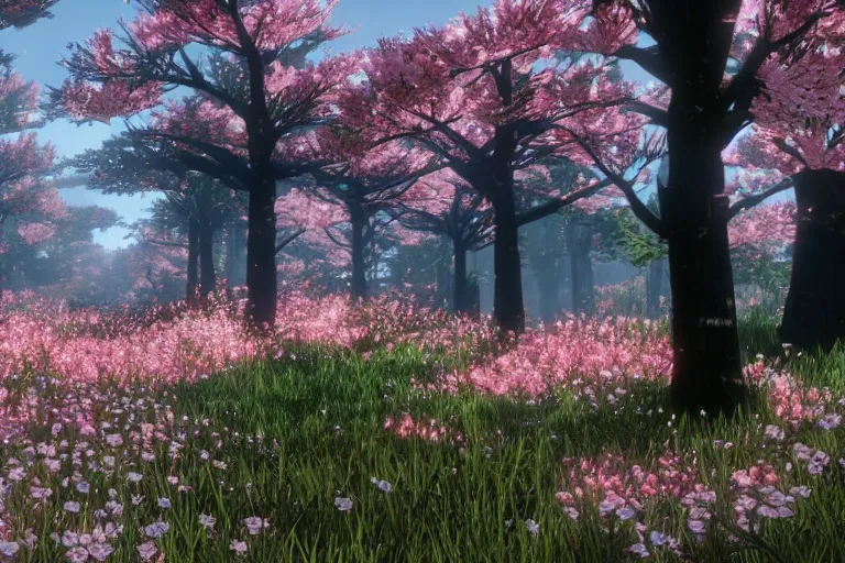 Prompt: A Cherry Blossom forest in Red Dead Redemption 2