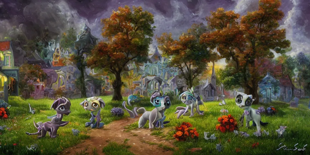 Image similar to 3 d littlest pet shop horse, spooky, graves, stars, crypt, flowers, storm, blues, greens, teals, master painter and art style of noel coypel, art of emile eisman - semenowsky, art of edouard bisson