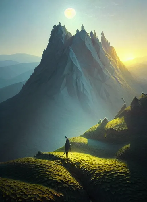 Image similar to spring mornings in the low - poly hills, diffuse lighting, fantasy, intricate, surrealism!!!!, highly detailed, lifelike, photorealistic, digital painting, artstation, illustration, concept art, smooth, sharp focus, by greg rutkowski, chris tulloch mccabe, valentina remenar and asher duran,