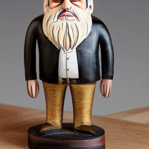 Image similar to a painted wooden figurine of a serious looking, old, ship captain with white hair, white beard, wearing an eyepatch, with a black cigar pipe, a black coat, and white captain's cap with gold accents, standing with one wooded leg, on a cuboidal wooden platform