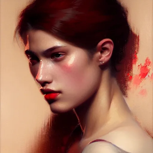 Image similar to detailed portrait of a beautiful girl 2 0 yo with scarlet lips, oil on canvas by greg rutkowski, high quality, hd