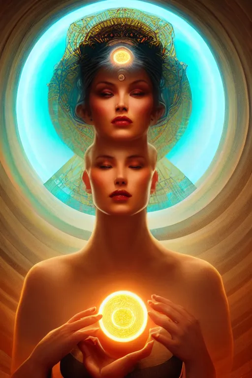 Image similar to a centered render of a goddess emitting a glorious energy from a circular portal on her head and is surrounded by spiral mandel bulb fractals, powerful, cinematic, beautifully lit, by artgerm, by karol bak, 3 d, trending on artstation, octane render, 8 k