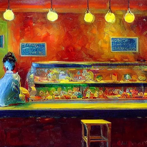 Prompt: a colorful fanciful ice cream parlor counter, by lenoid afremov, by thomas eakins