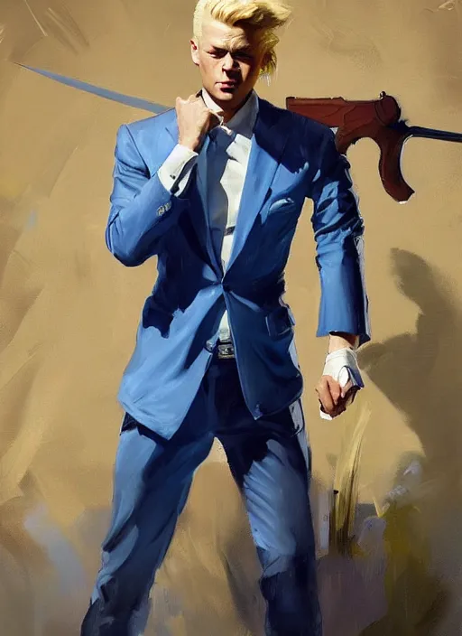 Image similar to greg manchess portrait painting of a blond man in a blue suit with a sword and a pistol, asymmetrical, profile picture, organic painting, sunny day, matte painting, bold shapes, hard edges, street art, trending on artstation, by huang guangjian, gil elvgren, ruan jia, randy vargas, greg rutkowski